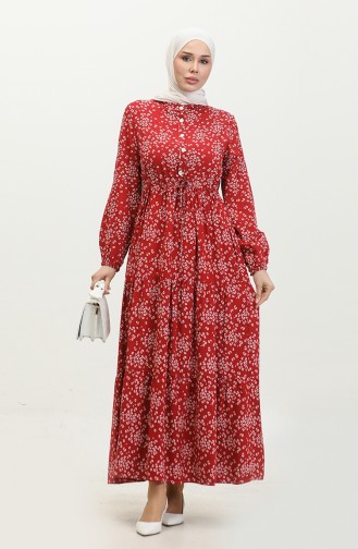 Gülsüm Half Buttoned Floral Viscose Dress 0358-05 Claret Red 0358-05