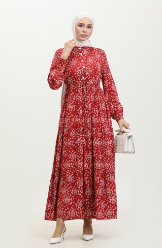 Gülsüm Half Buttoned Floral Viscose Dress 0358-05 Claret Red 0358-05