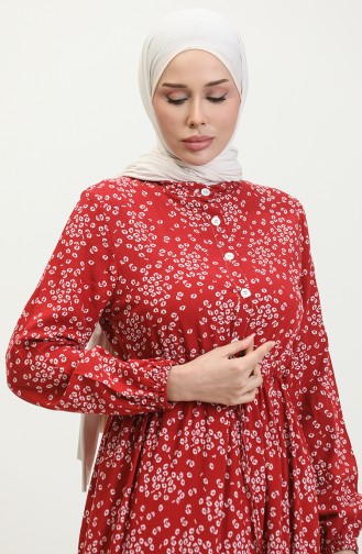 Gülsüm Half Buttoned Floral Viscose Dress 0358-05 Claret Red 0358-05