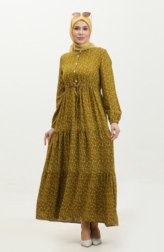 Beyza Daisy Pattern Viscose Dress 0359-02 Oil Green 0359-02