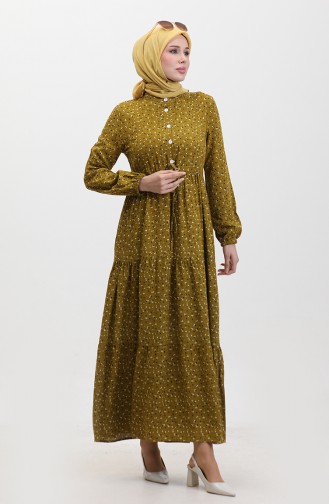 Beyza Papatya Desen Viskon Elbise 0359-02 Yağ Yeşili
