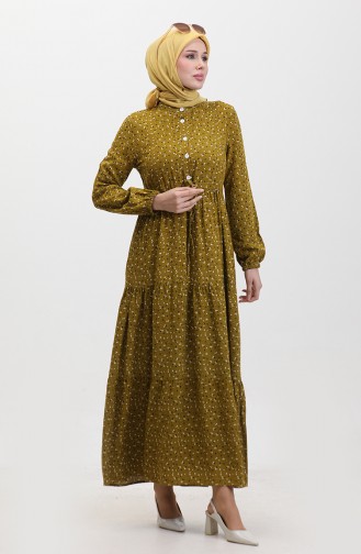 Beyza Daisy Pattern Viscose Dress 0359-02 Oil Green 0359-02