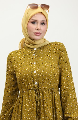 Beyza Daisy Pattern Viscose Dress 0359-02 Oil Green 0359-02