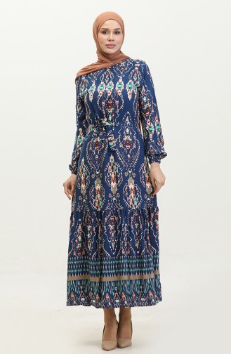 Hüma Patterned Viscose Dress 0360-03 Navy Blue 0360-03