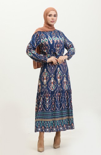 Hüma Patterned Viscose Dress 0360-03 Navy Blue 0360-03