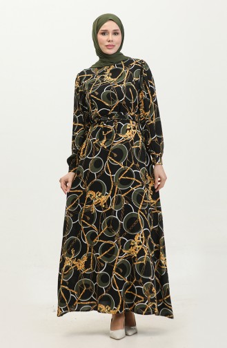 Viscose-jurk Met Kettingpatroon En Riem 60400-01 Kaki Zwart 60400-01