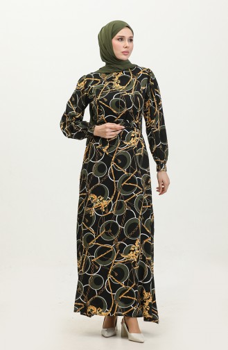 Zincir Desen Kuşaklı Viskon Elbise 60400-01 Haki Siyah