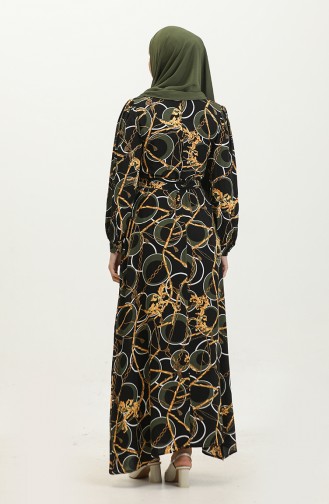 Chain Pattern Belted Viscose Dress 60400-01 Khaki Black 60400-01