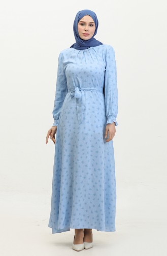Pleat Detailed Belted Viscose Dress 60402-01 Blue 60402-01