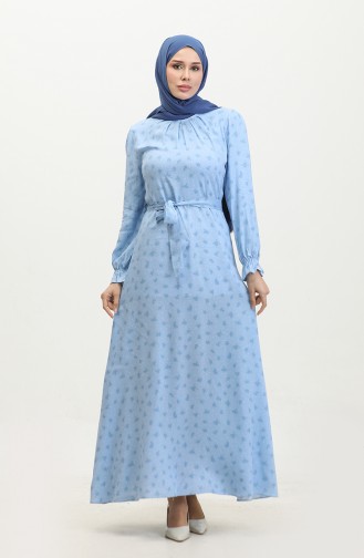 فستان فيسكوز بتفاصيل طيات وحزام للخصر 60402-01 لون أزرق 60402-01