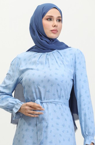 Pile Detaylı Kuşaklı Viskon Elbise 60402-01 Mavi