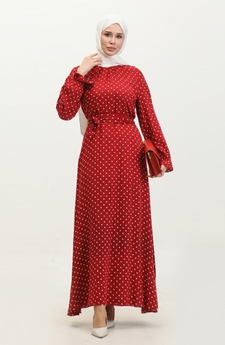 Polka Dot Pattern Belted Viscose Dress 60405-01 Claret Red 60405-01
