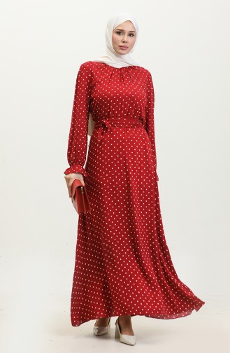 Polka Dot Pattern Belted Viscose Dress 60405-01 Claret Red 60405-01