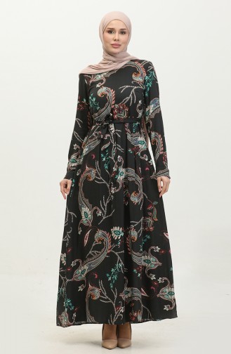 فستان فيسكوز بتصميم مُطبع 60406-01 لون أسود وأخضر 60406-01