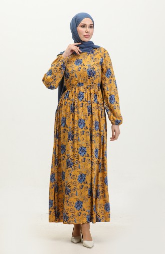 Floral Patterned Viscose Dress 60407-01 Mustard Indigo 60407-01