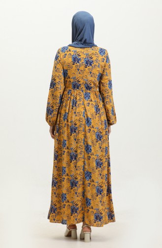 Floral Patterned Viscose Dress 60407-01 Mustard Indigo 60407-01