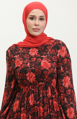 Floral Patterned Viscose Dress 60407-02 Black Claret Red 60407-02