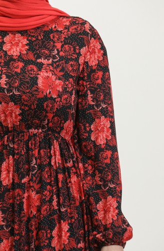 Floral Patterned Viscose Dress 60407-02 Black Claret Red 60407-02