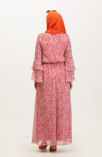 فستان شيفون بتصميم مُطبع وأكمام واسعة 60409-01 لون أرجواني قرميدي 60409-01