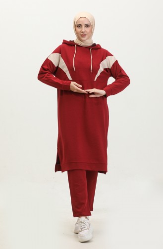 Color Garnished Tracksuit Set 3026-05 Burgundy 3026-05