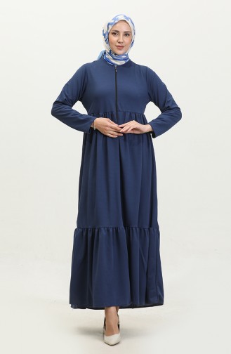 Gathered Zippered Abaya 0695-10 Indigo 0695-10