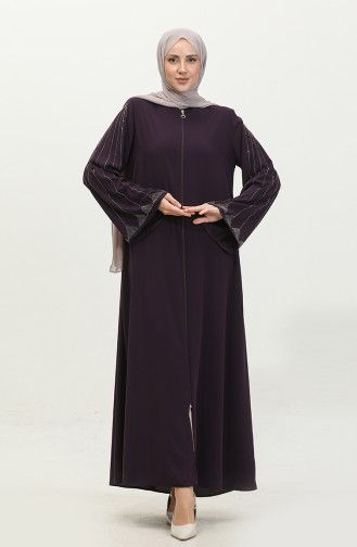 Large Size Stone Printed Abaya 5070-04 Plum 5070-04