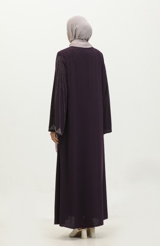 Large Size Stone Printed Abaya 5070-04 Plum 5070-04