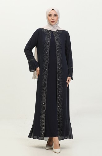 Women`s Large Size Stoned And Pearl Patterned Sleeves Pleated Mother Hijab Evening Dress Set 4578 Navy Blue 4578.Lacivert