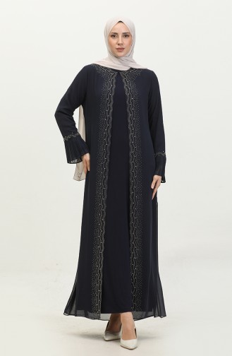 Großes Damen-Abendkleid-Set Mit Stein- Und Perlenmuster Plissierten Mutter-Hijab-Kleidern 4578 Marineblau 4578.Lacivert