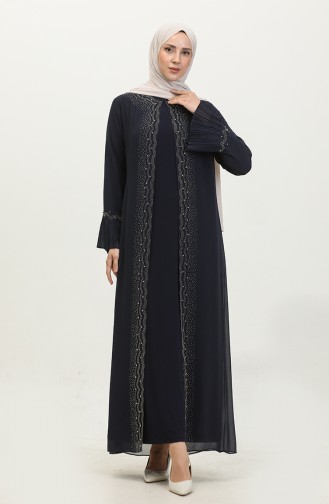 Robe De Soirée Plissée Pour Femmes Grande Taille Manches à Motifs De Pierre Et De Perles Ensemble Hijab Pour Mère 4578 Bleu Marine 4578.Lacivert