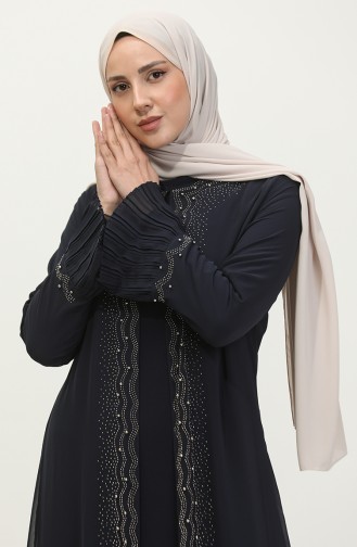 Women`s Large Size Stoned And Pearl Patterned Sleeves Pleated Mother Hijab Evening Dress Set 4578 Navy Blue 4578.Lacivert