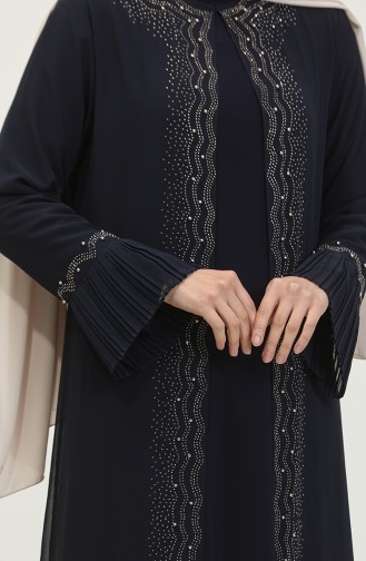 Women`s Large Size Stoned And Pearl Patterned Sleeves Pleated Mother Hijab Evening Dress Set 4578 Navy Blue 4578.Lacivert