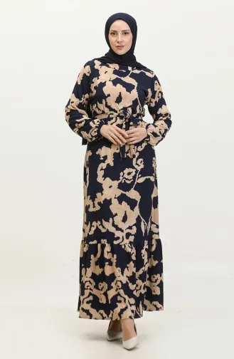 فستان فيسكوز منقوش 0345-02 بيج كحلي 0345-02