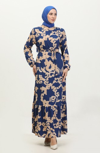 Yezra Patterned Belted Dress 0345-03 Saks Beige 0345-03