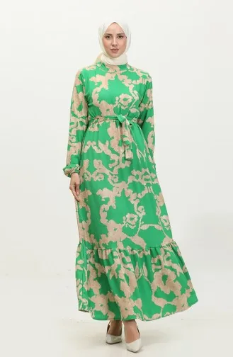 Yezra Gemustertes Gürtelkleid 0345-04 Grün Beige 0345-04