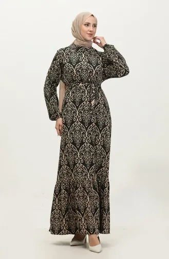 فستان فيسكوز منقوش 0348-02 بني فاتح أسود 0348-02
