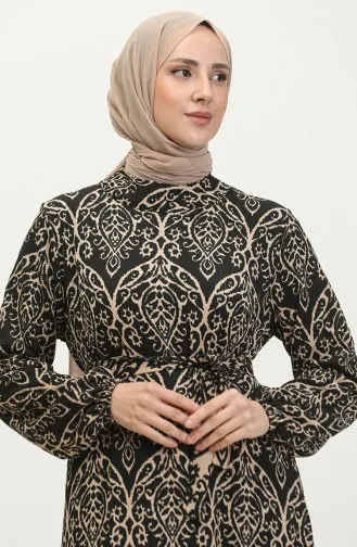 فستان فيسكوز منقوش 0348-02 بني فاتح أسود 0348-02
