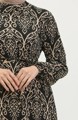 فستان فيسكوز منقوش 0348-02 بني فاتح أسود 0348-02