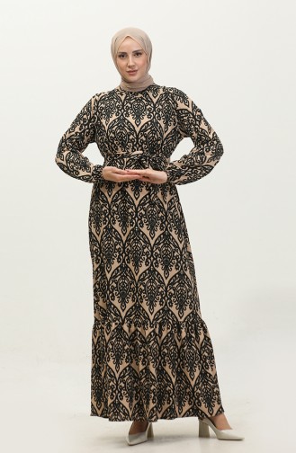 Melike Gemustertes Viskosekleid 0348-03 Milchbraun Schwarz 0348-03