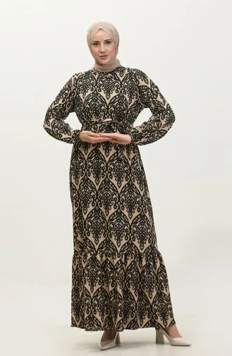 فستان فيسكوز منقوش 0348-03 بني فاتح أسود 0348-03