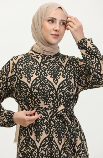 فستان فيسكوز منقوش 0348-03 بني فاتح أسود 0348-03