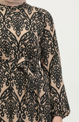 Melike Gemustertes Viskosekleid 0348-03 Milchbraun Schwarz 0348-03