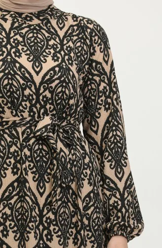 فستان فيسكوز منقوش 0348-03 بني فاتح أسود 0348-03