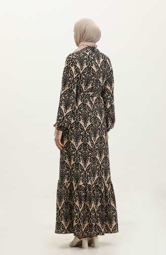 Melike Gemustertes Viskosekleid 0348-03 Milchbraun Schwarz 0348-03
