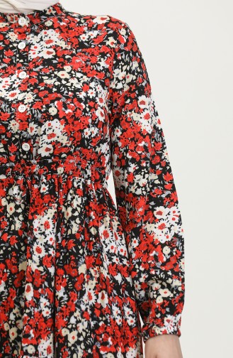 İlkbahar Yarım Düğmeli Çiçek Desenli Elbise 0361-02 Kırmızı