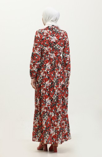 İlkbahar Yarım Düğmeli Çiçek Desenli Elbise 0361-02 Kırmızı