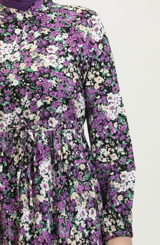 İlkbahar Yarım Düğmeli Çiçek Desenli Elbise 0361-04 Mor
