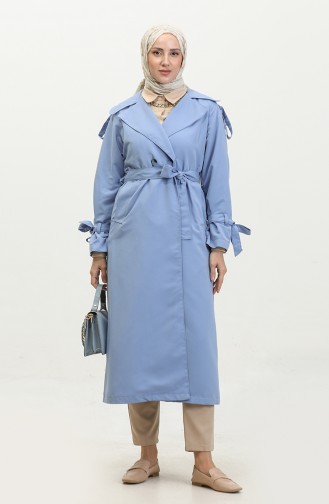 Trench Long En Gabardine De Coton Non Doublé à Manches Raglan Bleu Nuage 6505.Bulut Mavisi