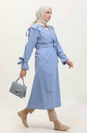 Raglan Sleeve Seasonal Unlined Cotton Gabardine Long Trench Coat Cloud Blue 6505.Bulut Mavisi