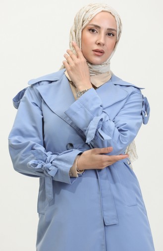 Raglan Sleeve Seasonal Unlined Cotton Gabardine Long Trench Coat Cloud Blue 6505.Bulut Mavisi